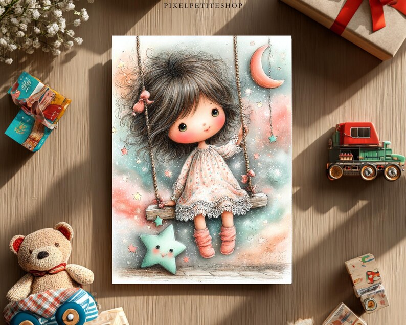 May include: A whimsical illustration of a girl on a swing, set against a dreamy, pastel background with stars and a crescent moon. The girl wears a pink dress and socks, with a smiling star-shaped friend. The image is from PixelPetiteShop.