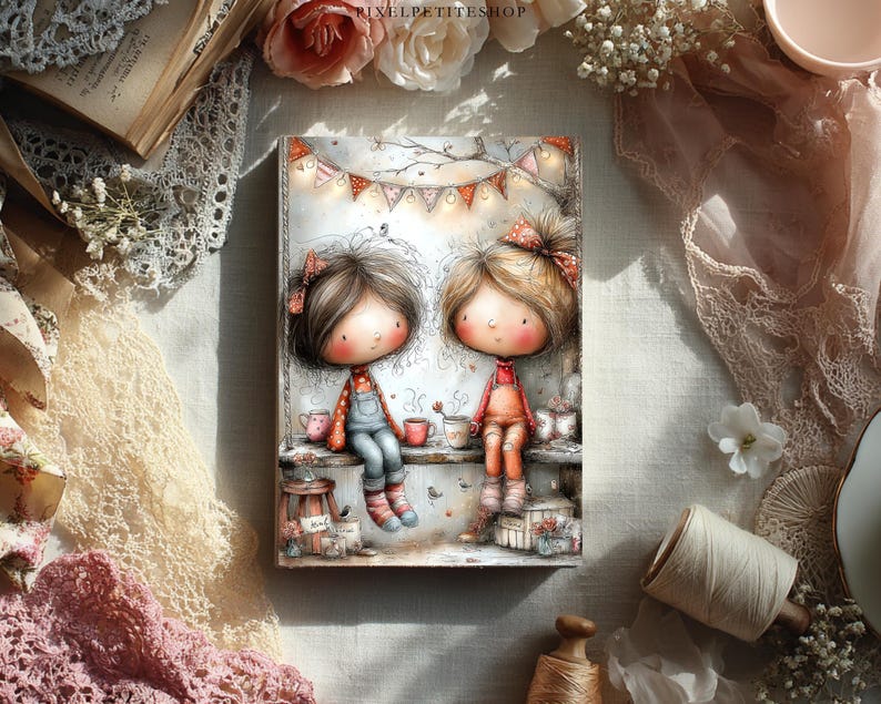 Puede incluir: Una ilustraci&oacute;n caprichosa presenta a dos chicas de dibujos animados con lazos, sentadas en un estante con tazas y una guirnalda de luces. Llevan monos y tops rojos. La obra de arte tiene una paleta de colores pastel, con acentos florales y de encaje.