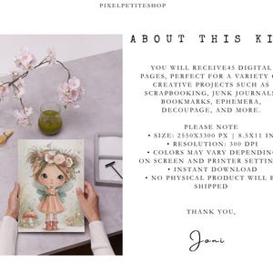 May include: A digital art print featuring a whimsical fairy with a floral crown and wings, holding a mushroom. The image is part of a kit with 45 digital pages for creative projects. The text on the image says "About This Kit".