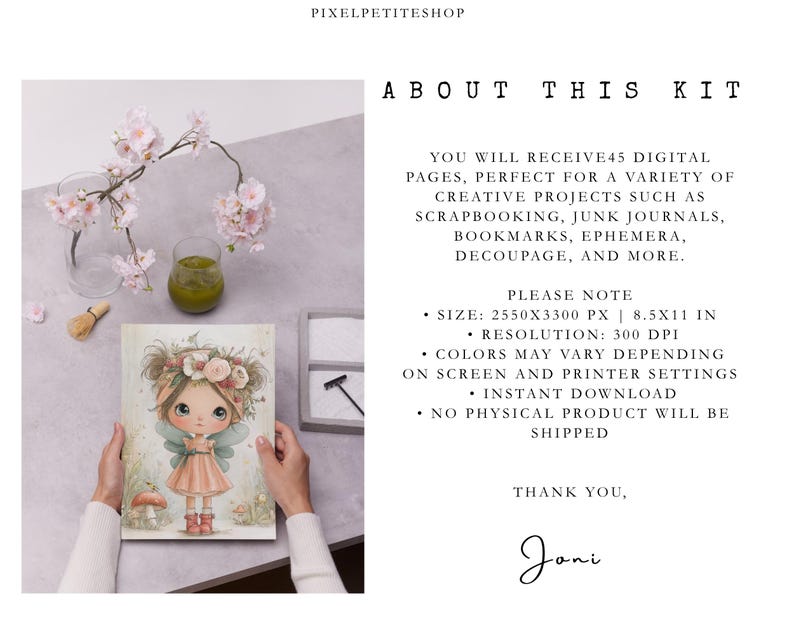 May include: A digital art print featuring a whimsical fairy with a floral crown and wings, holding a mushroom. The image is part of a kit with 45 digital pages for creative projects. The text on the image says "About This Kit".