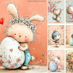 May include: A collection of watercolor illustrations featuring adorable animal characters. A fluffy bunny wearing a flower crown hugs a large decorated egg. Other images include a bird, a squirrel, and a hedgehog, all with Easter themes.