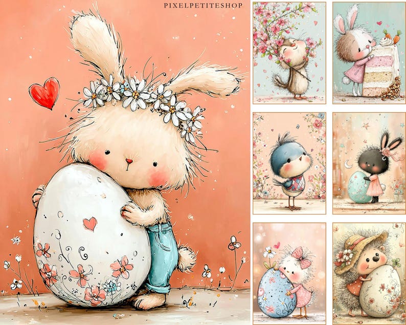 May include: A collection of watercolor illustrations featuring adorable animal characters. A fluffy bunny wearing a flower crown hugs a large decorated egg. Other images include a bird, a squirrel, and a hedgehog, all with Easter themes.