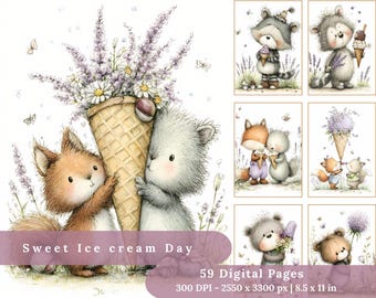 May include: Watercolor illustration featuring a fox and a squirrel holding a large ice cream cone filled with flowers. The image includes the text "Sweet Ice cream Day" and details about the digital pages, resolution, and size.
