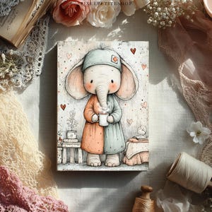 May include: A watercolor illustration of a cute elephant wearing a nightcap and robe, holding a mug. The elephant is in a soft color palette of peach, blue, and white, with hearts scattered around. The artwork is on a rectangular canvas.