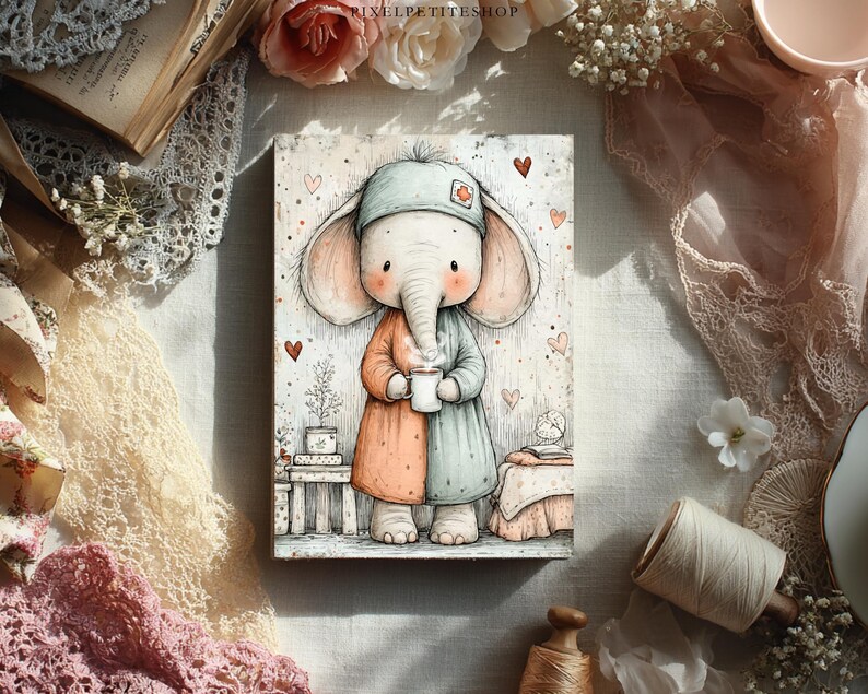 May include: A watercolor illustration of a cute elephant wearing a nightcap and robe, holding a mug. The elephant is in a soft color palette of peach, blue, and white, with hearts scattered around. The artwork is on a rectangular canvas.
