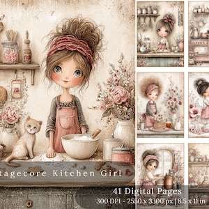May include: Digital art print featuring a cottagecore kitchen scene. A young girl with a red headband and apron is baking. A cat sits nearby. The image includes flowers, jars, and the text "Cottagecore Kitchen Girl". 41 digital pages, 8.5 x 11 in.