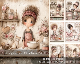 May include: Digital art print featuring a cottagecore kitchen scene. A young girl with a red headband and apron is baking. A cat sits nearby. The image includes flowers, jars, and the text "Cottagecore Kitchen Girl". 41 digital pages, 8.5 x 11 in.