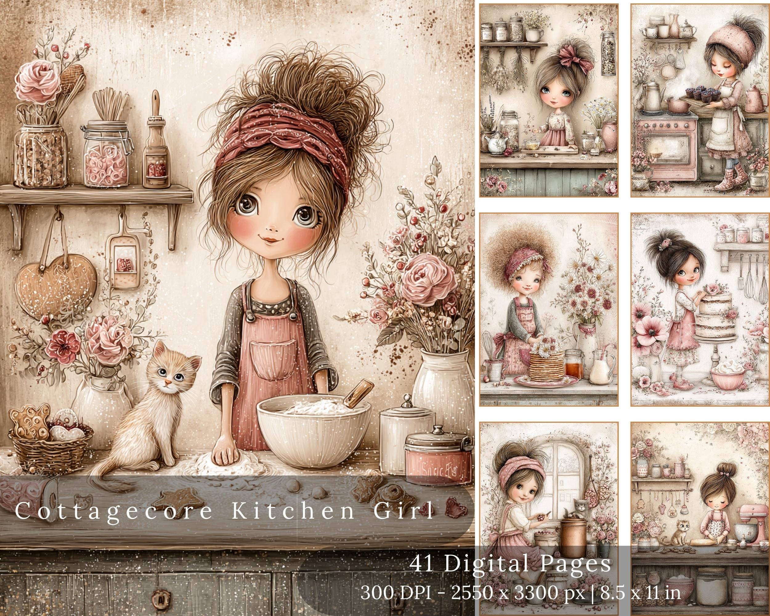 Preview of Cottagecore Kitchen Girl Papers — 41 Printable Journal Pages