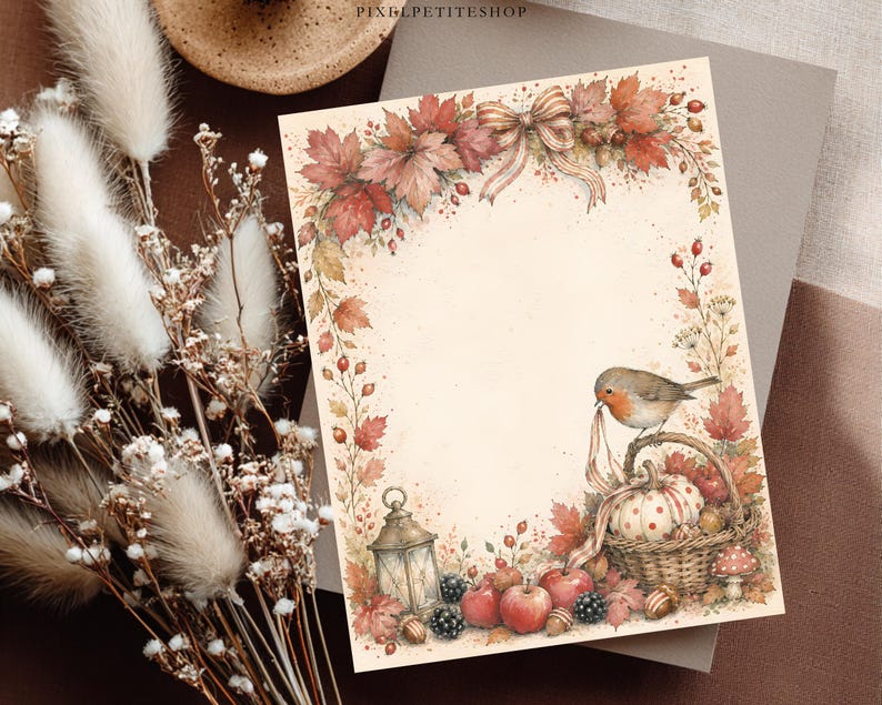 Op de afbeelding: Een rechthoekig vel briefpapier met een aquarelillustratie van herfstbladeren, rode bessen, een roodborstje op een mand met een pompoen met stippen, een lantaarn en appels, omlijst door een decoratieve strik aan de bovenkant in het midden.