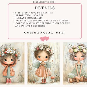 May include: Digital art print featuring three whimsical illustrations of girls with floral crowns and nature-inspired attire. The artwork includes details about the image size, resolution, and usage rights. The text states that it is an instant download and no physical product will be shipped.