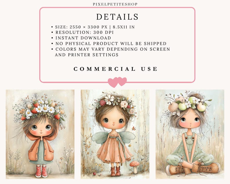 May include: Digital art print featuring three whimsical illustrations of girls with floral crowns and nature-inspired attire. The artwork includes details about the image size, resolution, and usage rights. The text states that it is an instant download and no physical product will be shipped.