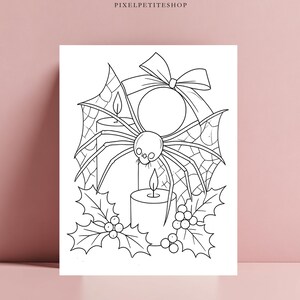 May include: A black and white line art coloring page featuring a spider with a skull-shaped body centered in a web, positioned behind two lit candles, a large decorative bow, and holly leaves with berries at the bottom. The text PIXELPETITESHOP appears at the top.