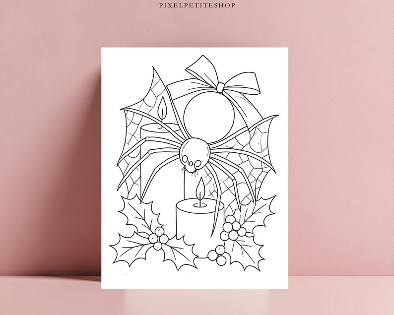 May include: A black and white line art coloring page featuring a spider with a skull-shaped body centered in a web, positioned behind two lit candles, a large decorative bow, and holly leaves with berries at the bottom. The text PIXELPETITESHOP appears at the top.