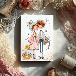 May include: A watercolor illustration of a couple holding hands, surrounded by hearts and flowers. The woman wears a pink dress and carries a yellow purse. The man wears a blue jacket and holds a basket of flowers. The artwork has a whimsical, romantic theme.