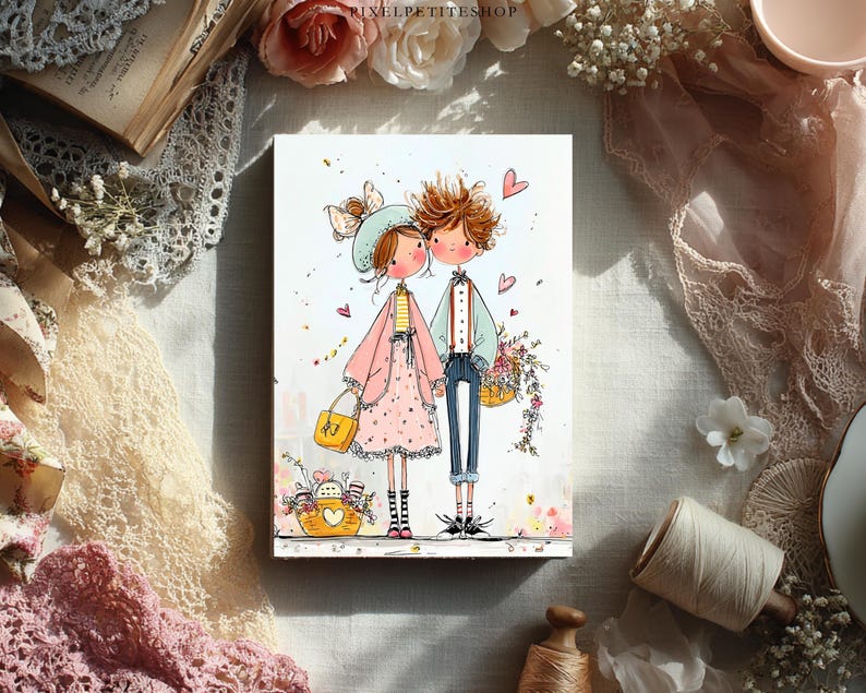 May include: A watercolor illustration of a couple holding hands, surrounded by hearts and flowers. The woman wears a pink dress and carries a yellow purse. The man wears a blue jacket and holds a basket of flowers. The artwork has a whimsical, romantic theme.