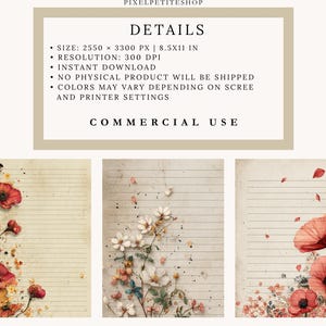 May include: Digital download featuring three lined paper designs with floral watercolor illustrations. The designs include red poppies, white and yellow flowers, and scattered petals. The text at the top reads "DETAILS" and "COMMERCIAL USE".