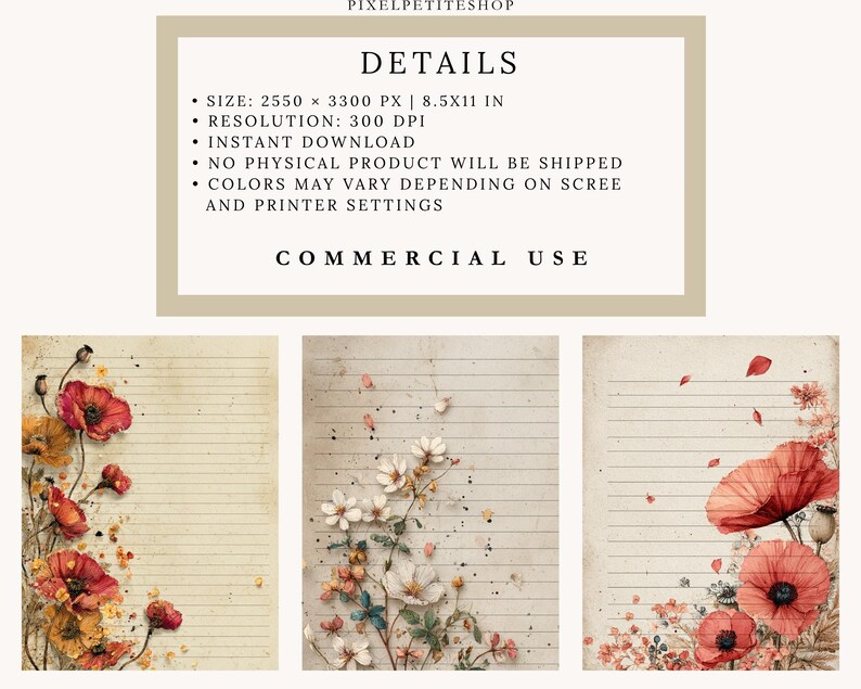 May include: Digital download featuring three lined paper designs with floral watercolor illustrations. The designs include red poppies, white and yellow flowers, and scattered petals. The text at the top reads "DETAILS" and "COMMERCIAL USE".
