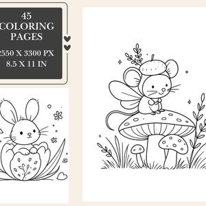 May include: A set of 45 colouring pages measuring 2550 x 3300 px, featuring black and white line art of a rabbit sitting inside a flower and a mouse with wings wearing an acorn cap perched on a mushroom surrounded by grass and small stars.