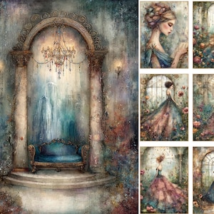 May include: A collection of digital art prints featuring a large central scene of a blue sofa under a chandelier within a stone archway, accompanied by six smaller panels depicting figures in elaborate gowns standing in garden and architectural settings.
