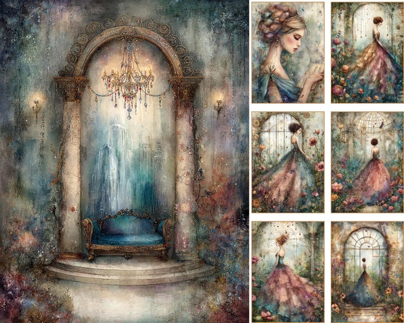 May include: A collection of digital art prints featuring a large central scene of a blue sofa under a chandelier within a stone archway, accompanied by six smaller panels depicting figures in elaborate gowns standing in garden and architectural settings.