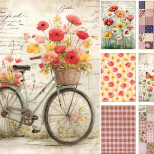 May include: A collection of decorative paper sheets featuring a vintage bicycle with a basket of red and yellow flowers, wildflower meadows, butterflies, floral patterns, and patchwork designs in shades of pink, purple, and cream with script text.