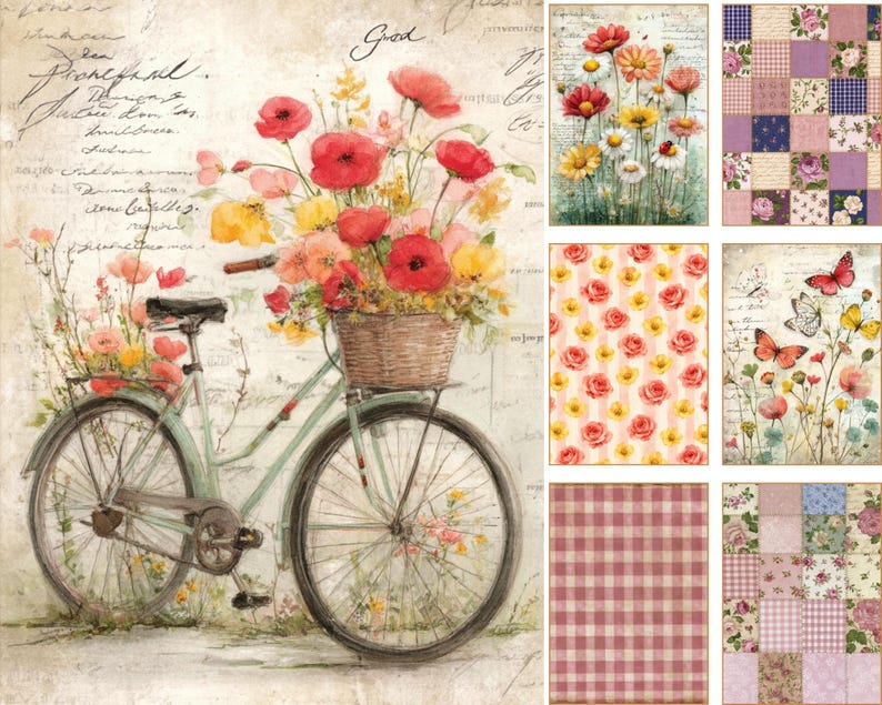 May include: A collection of decorative paper sheets featuring a vintage bicycle with a basket of red and yellow flowers, wildflower meadows, butterflies, floral patterns, and patchwork designs in shades of pink, purple, and cream with script text.