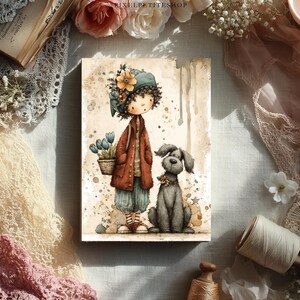 Pode incluir: Ilustra&ccedil;&atilde;o em aquarela de uma crian&ccedil;a com um c&atilde;o. A crian&ccedil;a usa um chap&eacute;u com flores, um casaco cor de ferrugem e cal&ccedil;as listradas, segurando uma cesta de flores azuis. O c&atilde;o tem uma coleira floral. A obra de arte tem uma est&eacute;tica vintage de livro de hist&oacute;rias.