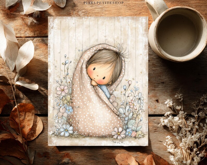 May include: A rectangular art print featuring a whimsical illustration of a child wrapped in a beige polka-dot blanket. The child has brown hair and rosy cheeks, surrounded by small blue, pink, and white flowers. The text PIXELPETITESHOP is visible.