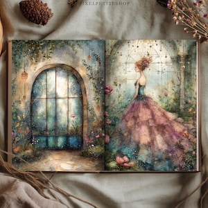 May include: An open book displaying a watercolor illustration of a garden scene with a large arched window on the left page and a figure in a layered, flowing pink and blue gown standing in a floral setting on the right page.