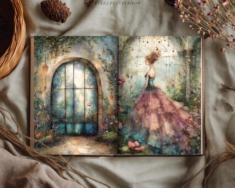 May include: An open book displaying a watercolor illustration of a garden scene with a large arched window on the left page and a figure in a layered, flowing pink and blue gown standing in a floral setting on the right page.