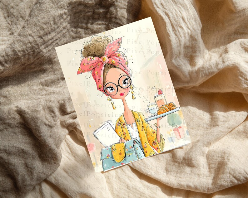 May include: A rectangular art print featuring a stylized illustration of a person with a messy bun, a pink patterned headscarf, and round glasses. The person wears a yellow floral cardigan, carries a blue bag, and holds a tray with a drink and croissant.