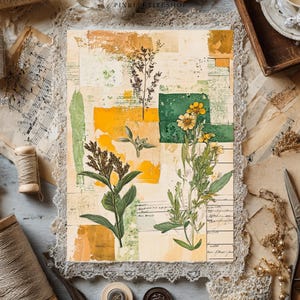 May include: A botanical collage print featuring pressed flowers and foliage in shades of yellow, green, and brown. The artwork is set against a backdrop of vintage paper and lace, with spools of twine and antique scissors adding to the aesthetic.