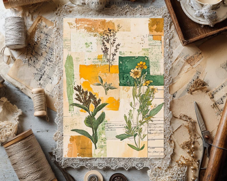 May include: A botanical collage print featuring pressed flowers and foliage in shades of yellow, green, and brown. The artwork is set against a backdrop of vintage paper and lace, with spools of twine and antique scissors adding to the aesthetic.