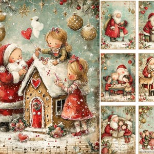 May include: A collection of Christmas-themed illustrations featuring Santa Claus and children in various festive scenes. The artwork displays a gingerbread house, snowy backgrounds, gold ornaments, and red hearts, rendered in a soft, painterly style.