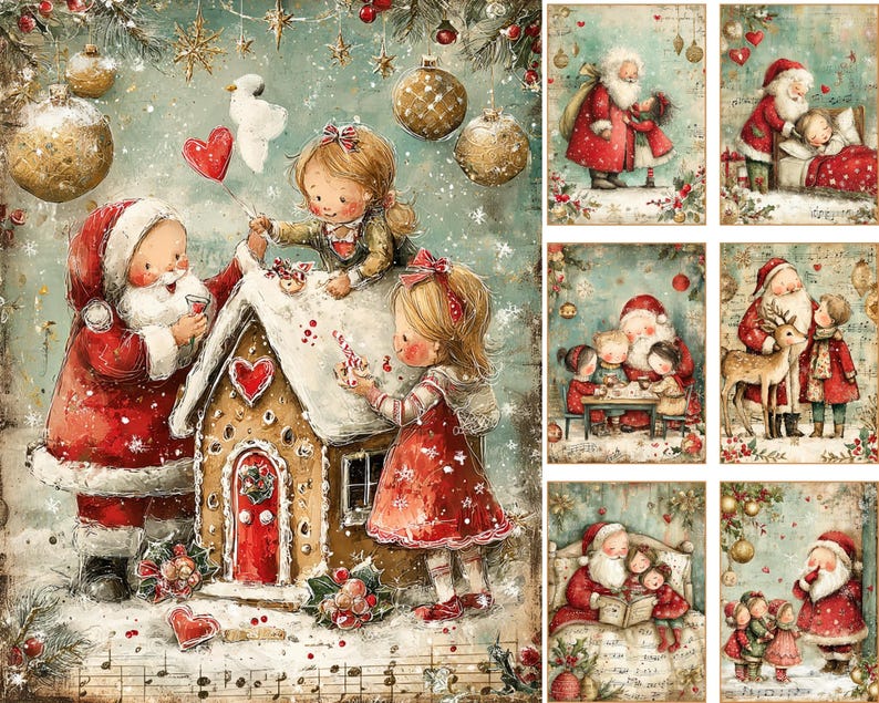 May include: A collection of Christmas-themed illustrations featuring Santa Claus and children in various festive scenes. The artwork displays a gingerbread house, snowy backgrounds, gold ornaments, and red hearts, rendered in a soft, painterly style.