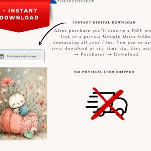 May include: A digital download listing featuring a graphic illustration of a small white kitten sleeping on a large pink pumpkin surrounded by flowers and stars. The text includes INSTANT DOWNLOAD, NO PHYSICAL ITEM SHIPPED, and instructions.
