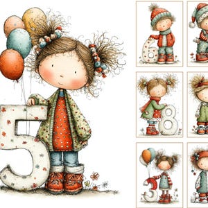 Pu&ograve; includere: Illustrazioni ad acquerello di bambini che tengono numeri e palloncini. L'immagine principale mostra una bambina con i capelli castani che tiene il numero 5. Altre immagini mostrano bambini con i numeri 6, 8, 4 e 3. I bambini indossano abiti invernali.