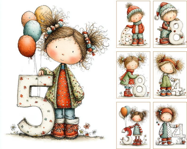 Pu&ograve; includere: Illustrazioni ad acquerello di bambini che tengono numeri e palloncini. L'immagine principale mostra una bambina con i capelli castani che tiene il numero 5. Altre immagini mostrano bambini con i numeri 6, 8, 4 e 3. I bambini indossano abiti invernali.