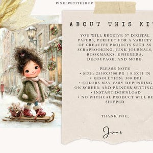 May include: Digital art print featuring a young girl on a sled in a snowy winter scene. The image includes text that reads "ABOUT THIS KIT" and "YOU WILL RECEIVE 37 DIGITAL PAPERS". The print is 8.5x11 inches.