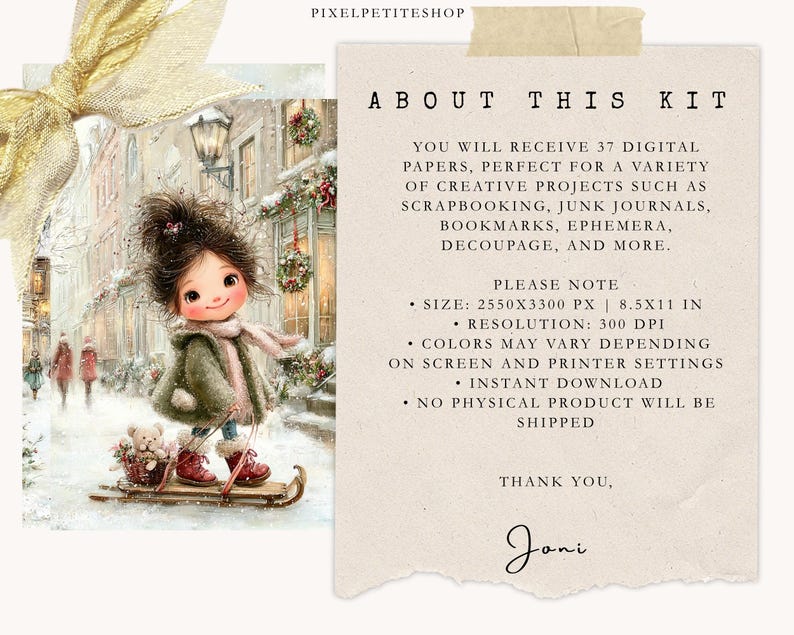 May include: Digital art print featuring a young girl on a sled in a snowy winter scene. The image includes text that reads "ABOUT THIS KIT" and "YOU WILL RECEIVE 37 DIGITAL PAPERS". The print is 8.5x11 inches.