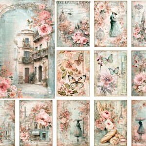 Puede incluir: Una colecci&oacute;n de impresiones de arte digital de estilo vintage que presentan escenas rom&aacute;nticas. Las impresiones muestran arreglos florales, mariposas, elementos arquitect&oacute;nicos y parejas, todo en colores pastel suaves. La est&eacute;tica general recuerda a las postales antiguas.