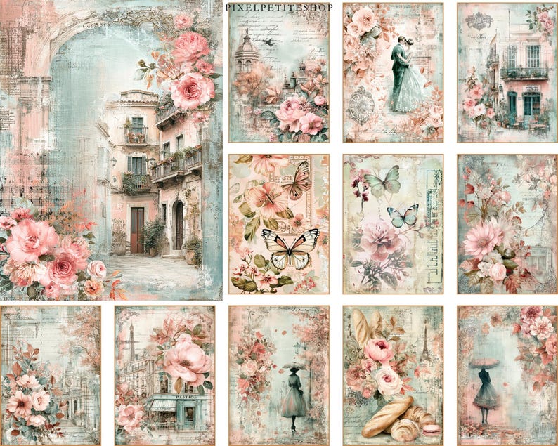 Puede incluir: Una colecci&oacute;n de impresiones de arte digital de estilo vintage que presentan escenas rom&aacute;nticas. Las impresiones muestran arreglos florales, mariposas, elementos arquitect&oacute;nicos y parejas, todo en colores pastel suaves. La est&eacute;tica general recuerda a las postales antiguas.
