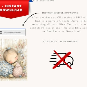 May include: A digital illustration of a small child with a blue hair bow sleeping against a large cluster of blue hydrangea flowers, surrounded by soft-toned wildflowers on a light wood-paneled background, presented as an instant download.