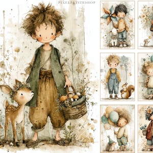 Pode incluir: Ilustra&ccedil;&otilde;es em aquarela de crian&ccedil;as com animais. Uma imagem mostra uma crian&ccedil;a com um veado e uma cesta de cogumelos. Outras imagens apresentam crian&ccedil;as com um cordeiro, um esquilo, um ouri&ccedil;o e um c&atilde;o. A obra de arte tem uma est&eacute;tica suave e vintage.
