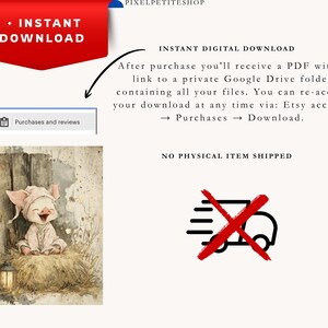 May include: Digital download graphic with a watercolor illustration of a piglet wearing a hat and sitting on hay. The image includes text that says "Instant Download" and "Instant Digital Download".