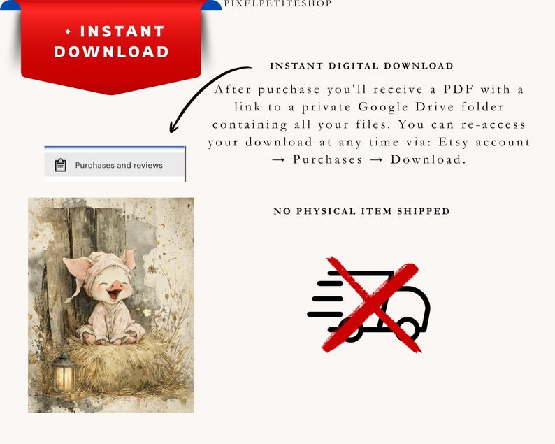 May include: Digital download graphic with a watercolor illustration of a piglet wearing a hat and sitting on hay. The image includes text that says "Instant Download" and "Instant Digital Download".
