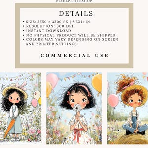 May include: Digital art print with three illustrations of young girls in a field of flowers. Each girl is depicted with a unique hairstyle and outfit, holding a carrot, a flower, and balloons. The artwork has a whimsical, storybook style.