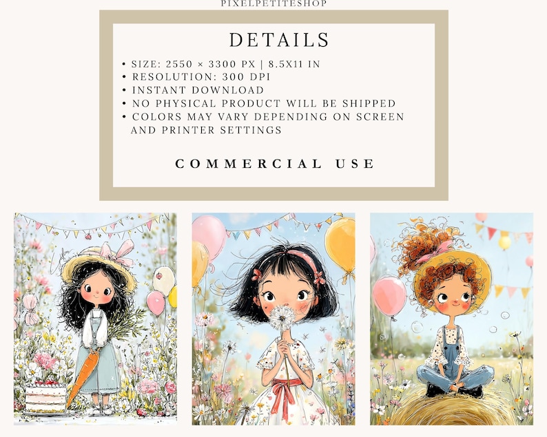 May include: Digital art print with three illustrations of young girls in a field of flowers. Each girl is depicted with a unique hairstyle and outfit, holding a carrot, a flower, and balloons. The artwork has a whimsical, storybook style.