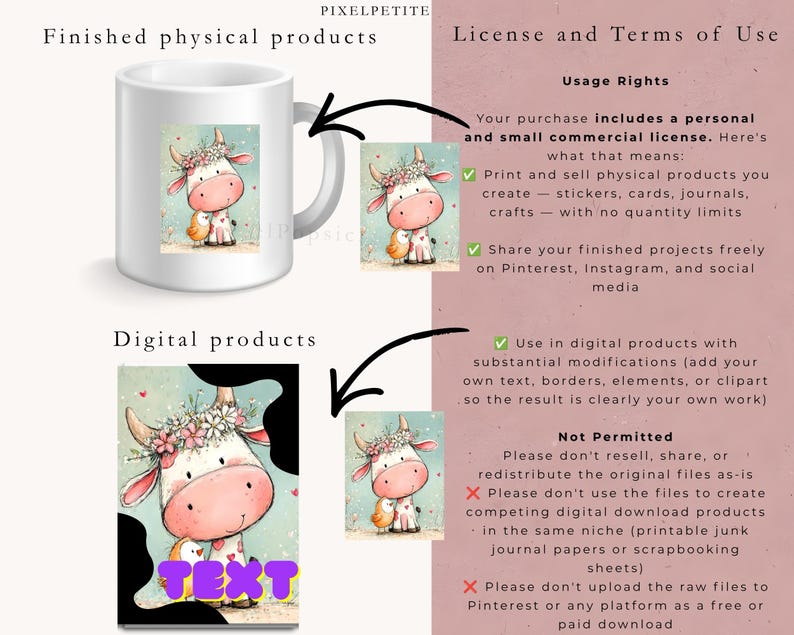 May include: A white ceramic mug and a digital file display a cartoon cow wearing a flower crown with a small yellow bird. The image includes text detailing license and terms of use for finished physical products and digital products usage rights.