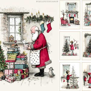 Op de afbeelding: Waterverfillustraties van kersttaferelen. De kerstman in een rode jas is omringd door cadeaus en een kerstboom. Andere afbeeldingen tonen kinderen die bomen versieren en feestelijke haardsc&egrave;nes.